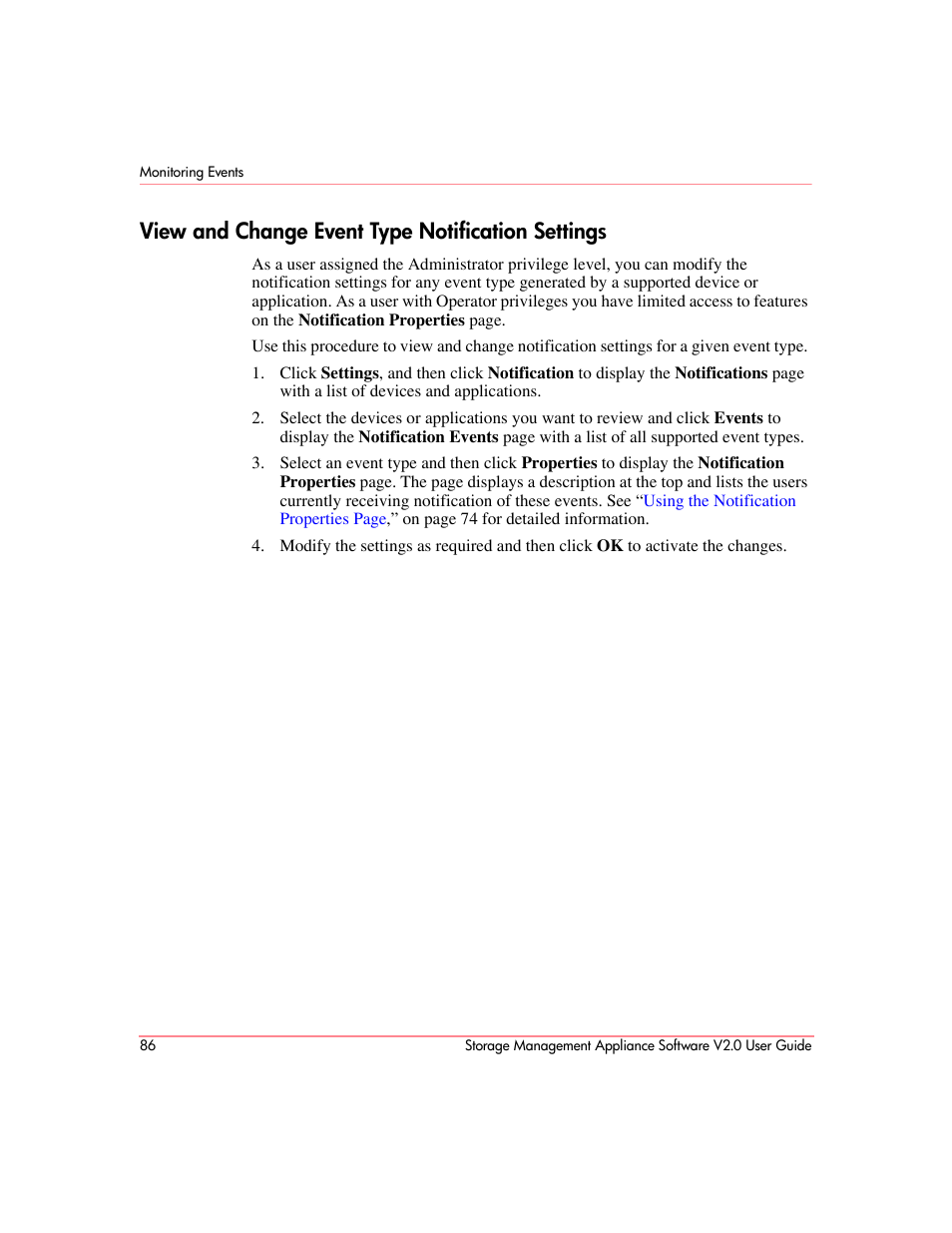 View and change event type notification settings | HP OpenView Storage Management Appliance and Software User Manual | Page 102 / 146