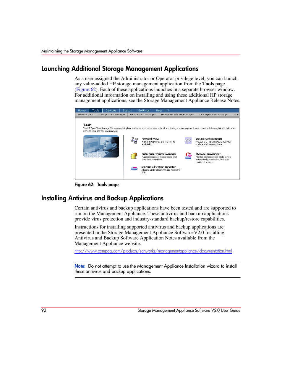 Installing antivirus and backup applications | HP OpenView Storage Management Appliance and Software User Manual | Page 108 / 146