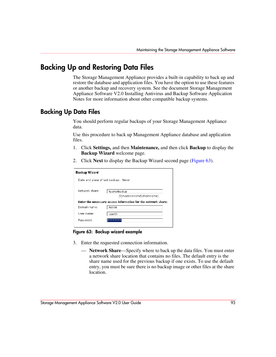 Backing up and restoring data files, Backing up data files, Backup wizard example | HP OpenView Storage Management Appliance and Software User Manual | Page 109 / 146