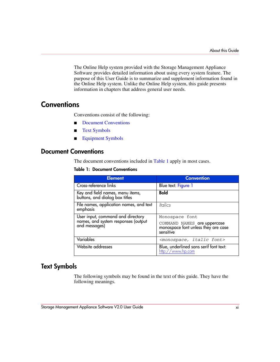Conventions, Document conventions, Text symbols | HP OpenView Storage Management Appliance and Software User Manual | Page 11 / 146