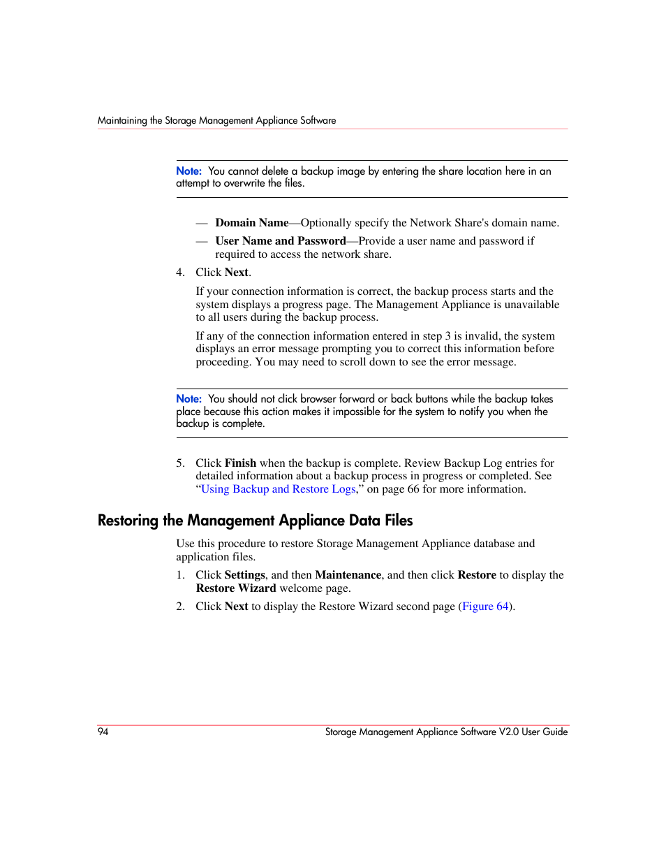 Restoring the management appliance data files | HP OpenView Storage Management Appliance and Software User Manual | Page 110 / 146
