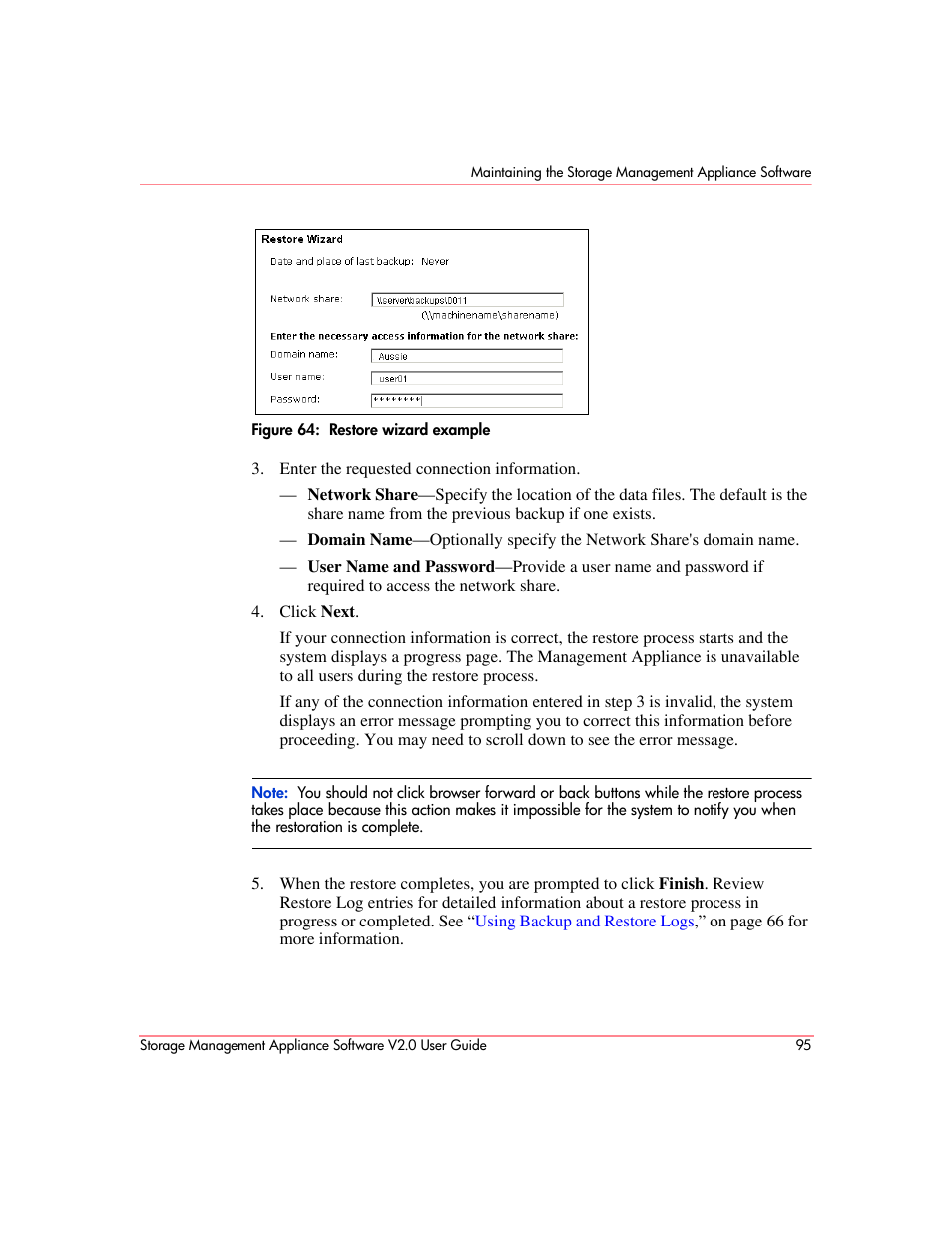 Restore wizard example, Figure 64 | HP OpenView Storage Management Appliance and Software User Manual | Page 111 / 146