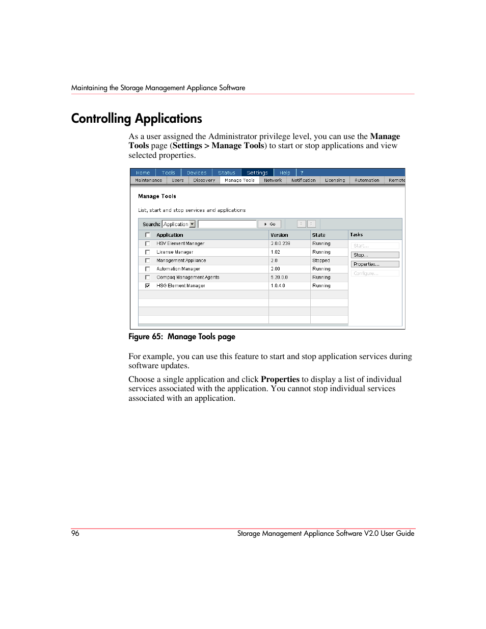 Controlling applications | HP OpenView Storage Management Appliance and Software User Manual | Page 112 / 146