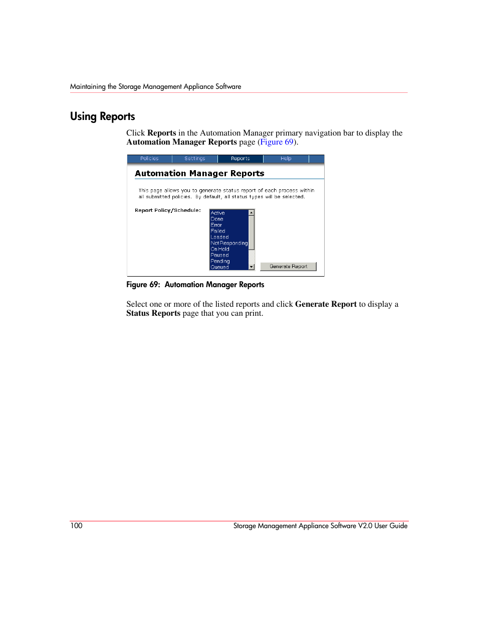 Using reports, Automation manager reports | HP OpenView Storage Management Appliance and Software User Manual | Page 116 / 146