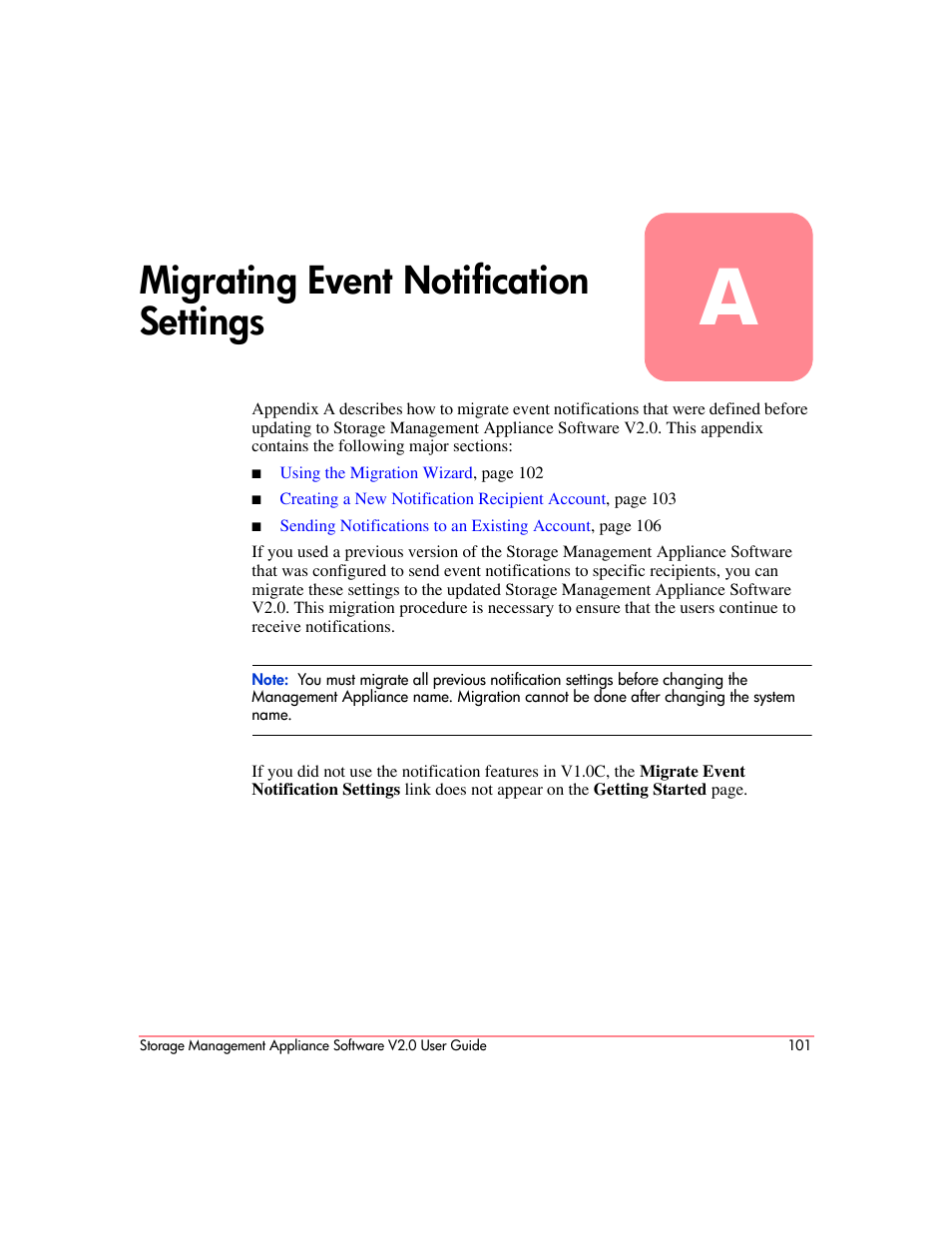 Migrating event notification settings, A migrating event notification settings, Appendix a | HP OpenView Storage Management Appliance and Software User Manual | Page 117 / 146