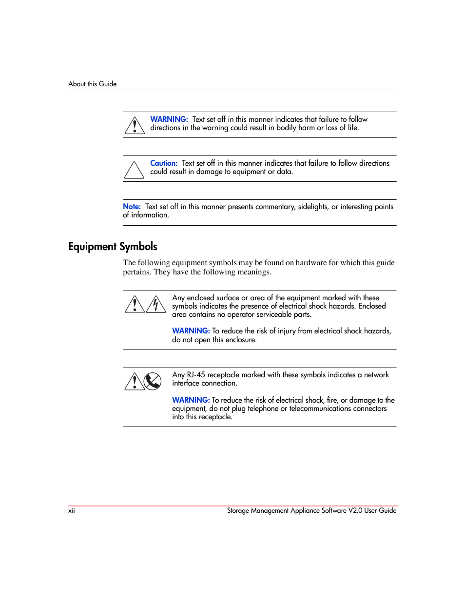 Equipment symbols | HP OpenView Storage Management Appliance and Software User Manual | Page 12 / 146