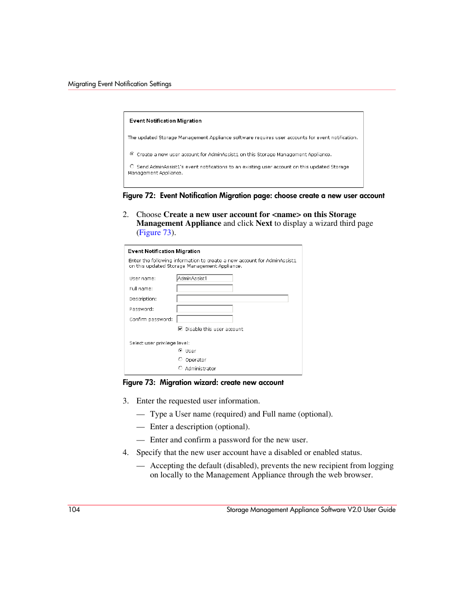 Migration wizard: create new account, Figure 72 | HP OpenView Storage Management Appliance and Software User Manual | Page 120 / 146