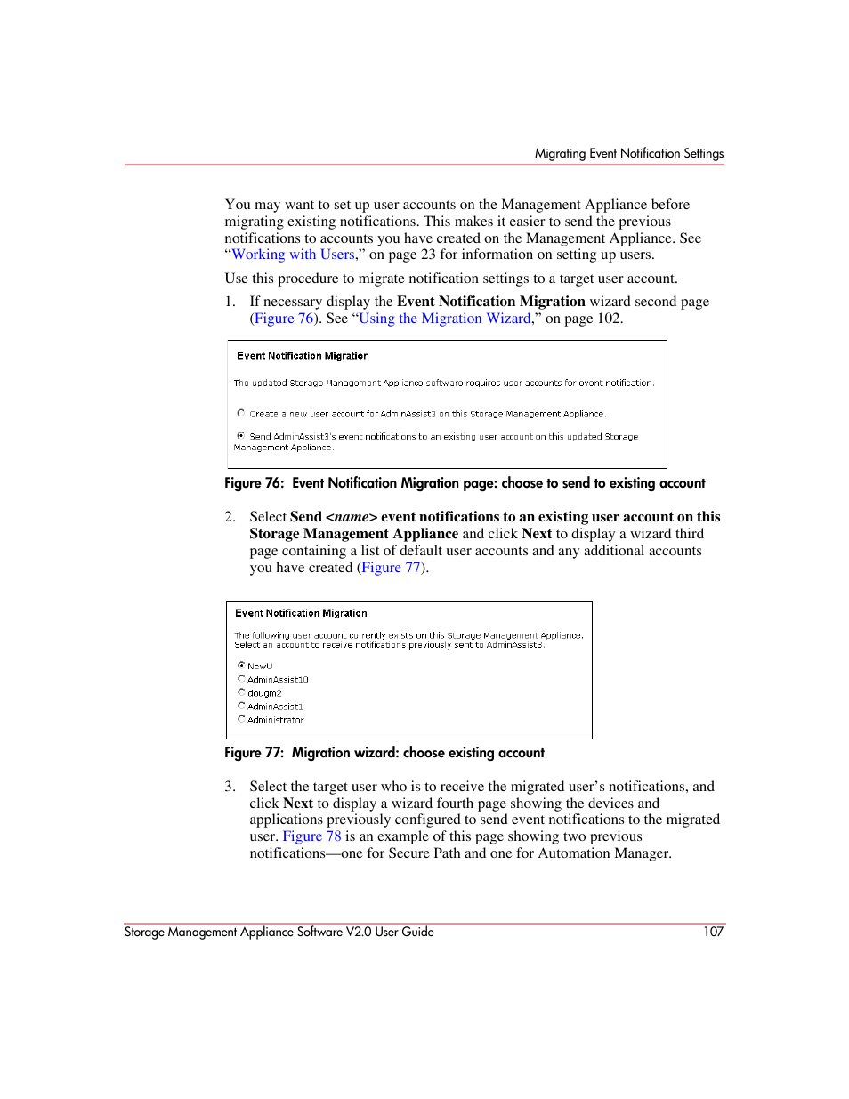 Migration wizard: choose existing account | HP OpenView Storage Management Appliance and Software User Manual | Page 123 / 146