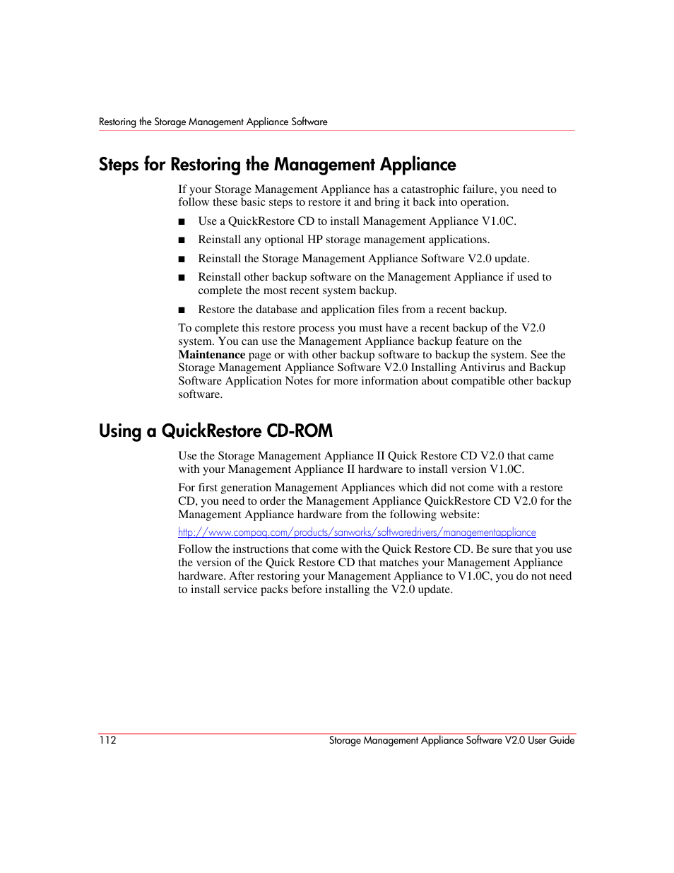 Steps for restoring the management appliance, Using a quickrestore cd-rom | HP OpenView Storage Management Appliance and Software User Manual | Page 128 / 146