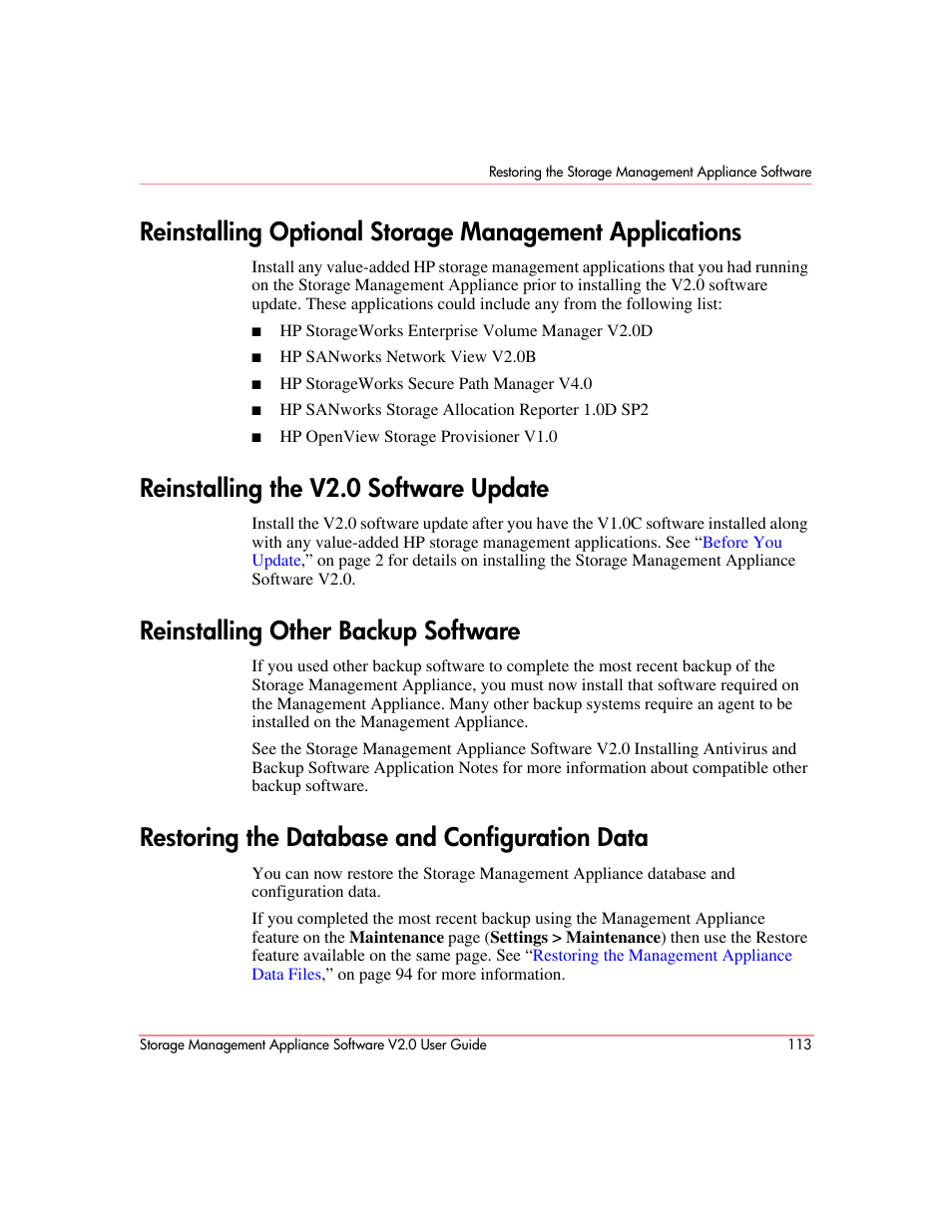 Reinstalling the v2.0 software update, Reinstalling other backup software, Restoring the database and configuration data | HP OpenView Storage Management Appliance and Software User Manual | Page 129 / 146