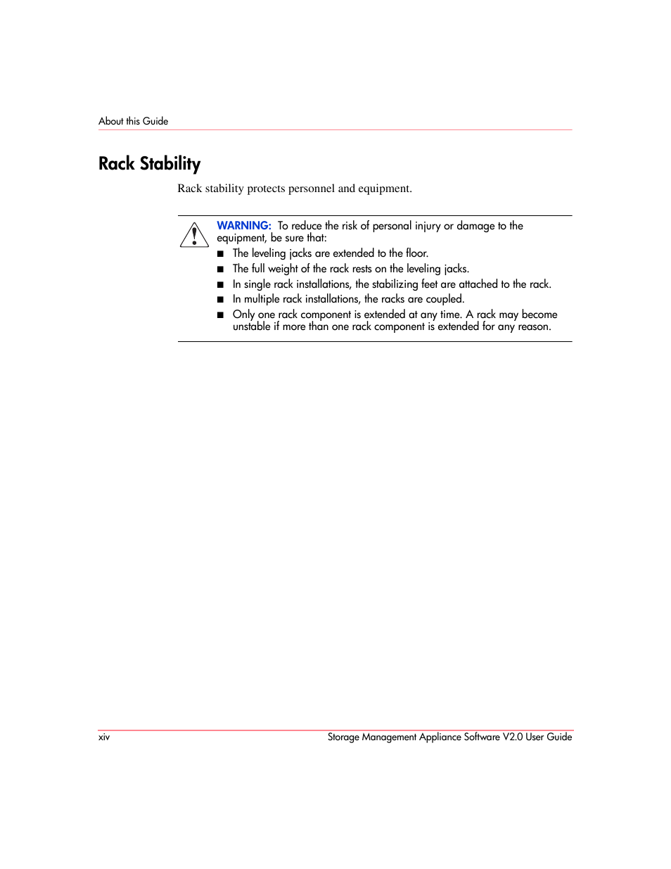 Rack stability | HP OpenView Storage Management Appliance and Software User Manual | Page 14 / 146