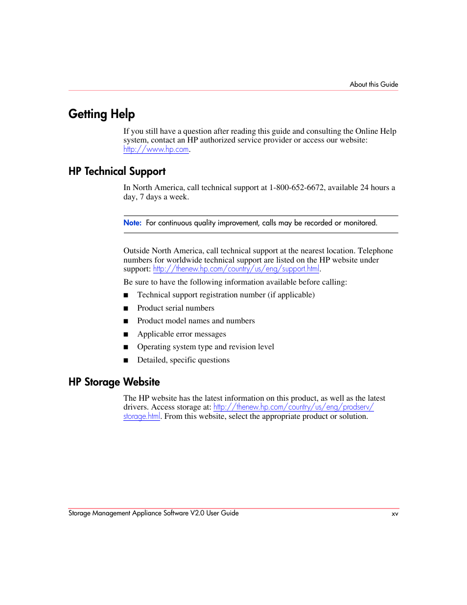 Getting help, Hp technical support, Hp storage website | HP OpenView Storage Management Appliance and Software User Manual | Page 15 / 146