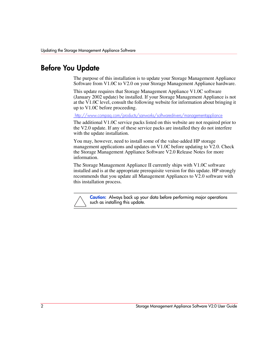 Before you update | HP OpenView Storage Management Appliance and Software User Manual | Page 18 / 146