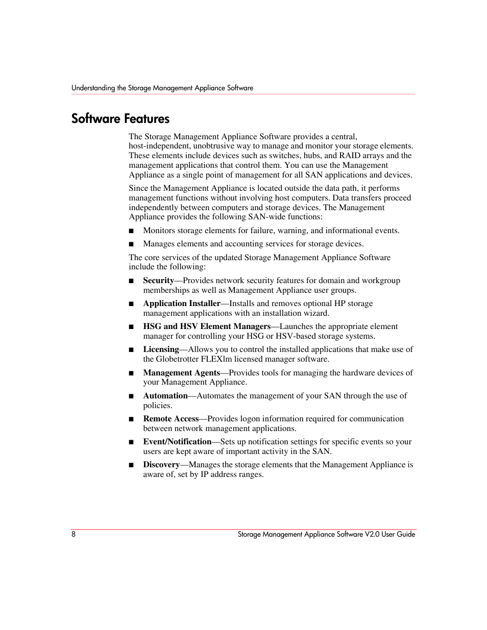 Software features | HP OpenView Storage Management Appliance and Software User Manual | Page 24 / 146