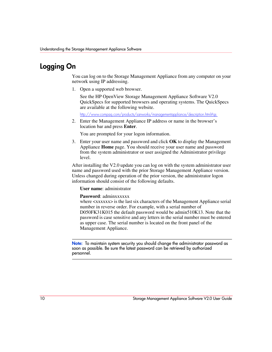 Logging on | HP OpenView Storage Management Appliance and Software User Manual | Page 26 / 146