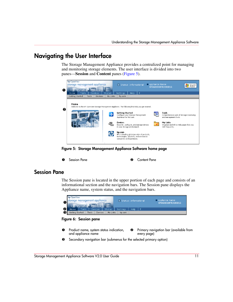 Navigating the user interface, Session pane | HP OpenView Storage Management Appliance and Software User Manual | Page 27 / 146