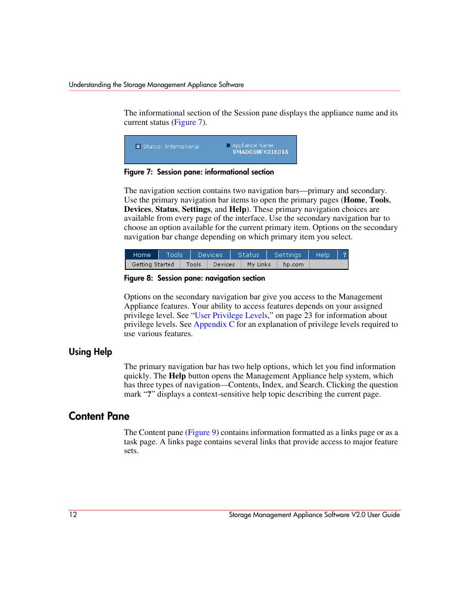 Content pane, Using help, Session pane: informational section | Session pane: navigation section | HP OpenView Storage Management Appliance and Software User Manual | Page 28 / 146
