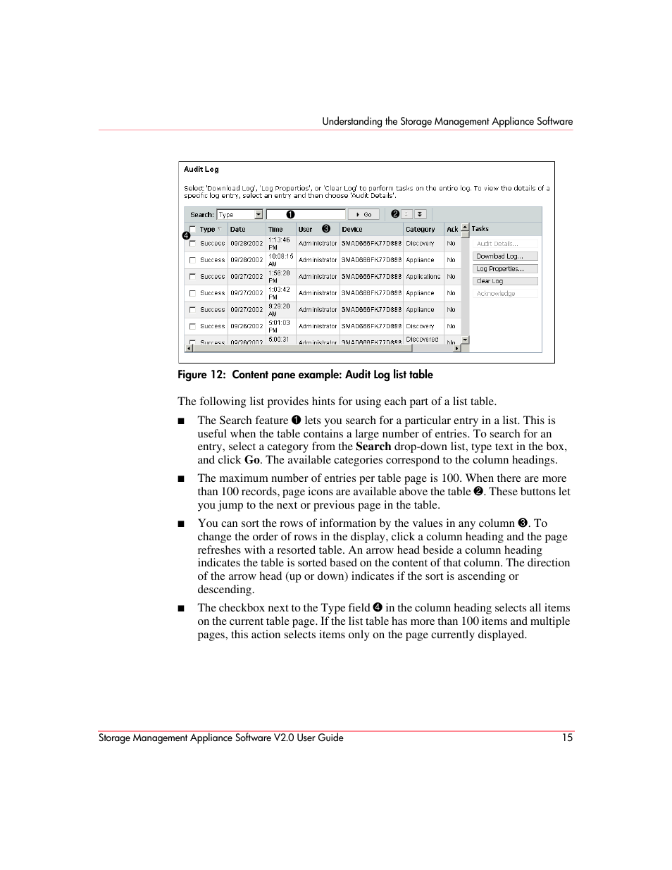 Content pane example: audit log list table, Figure 12 | HP OpenView Storage Management Appliance and Software User Manual | Page 31 / 146