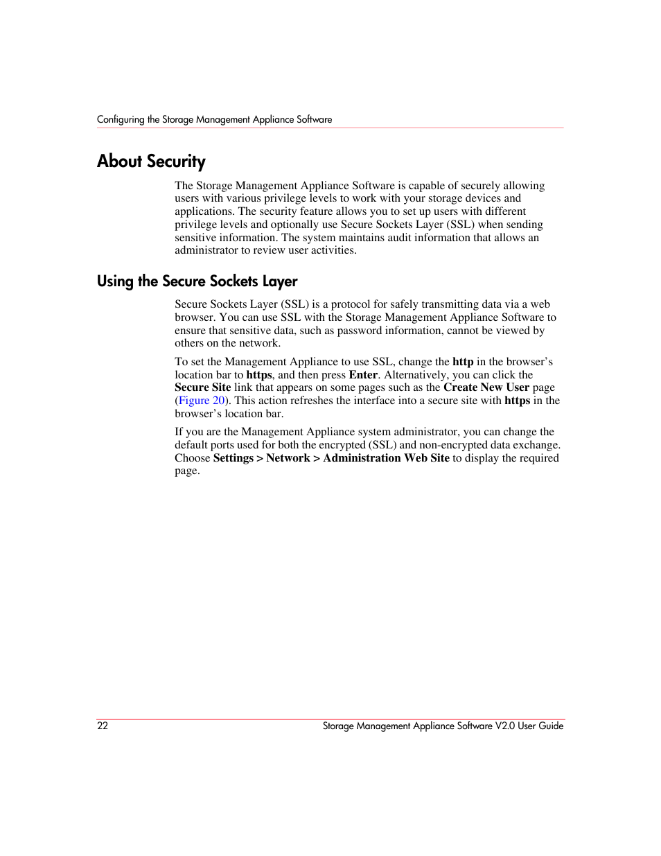 About security, Using the secure sockets layer | HP OpenView Storage Management Appliance and Software User Manual | Page 38 / 146