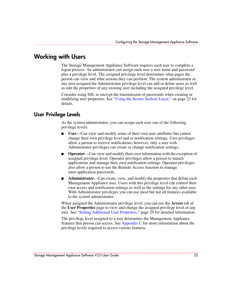 Working with users, User privilege levels | HP OpenView Storage Management Appliance and Software User Manual | Page 39 / 146