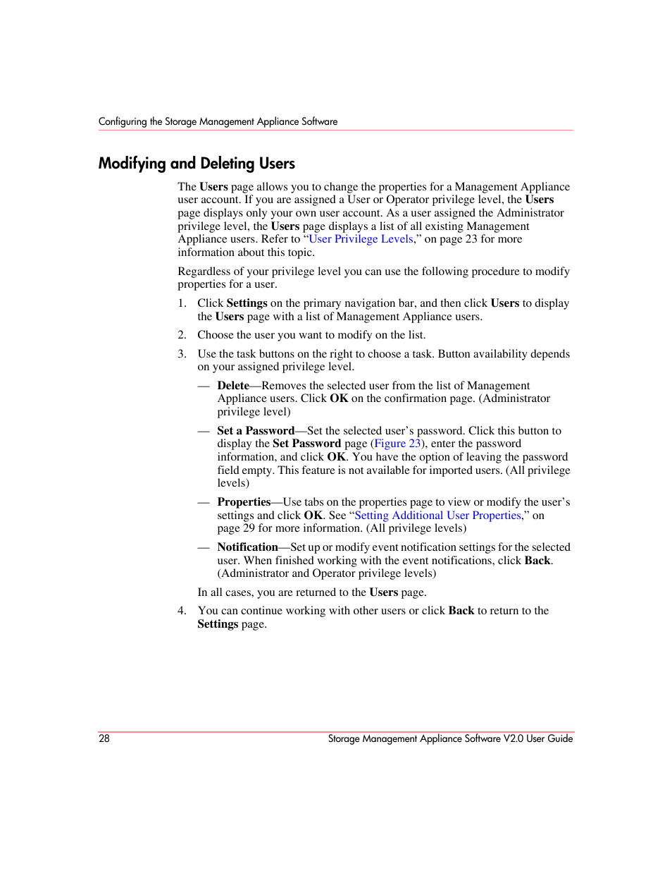 Modifying and deleting users | HP OpenView Storage Management Appliance and Software User Manual | Page 44 / 146