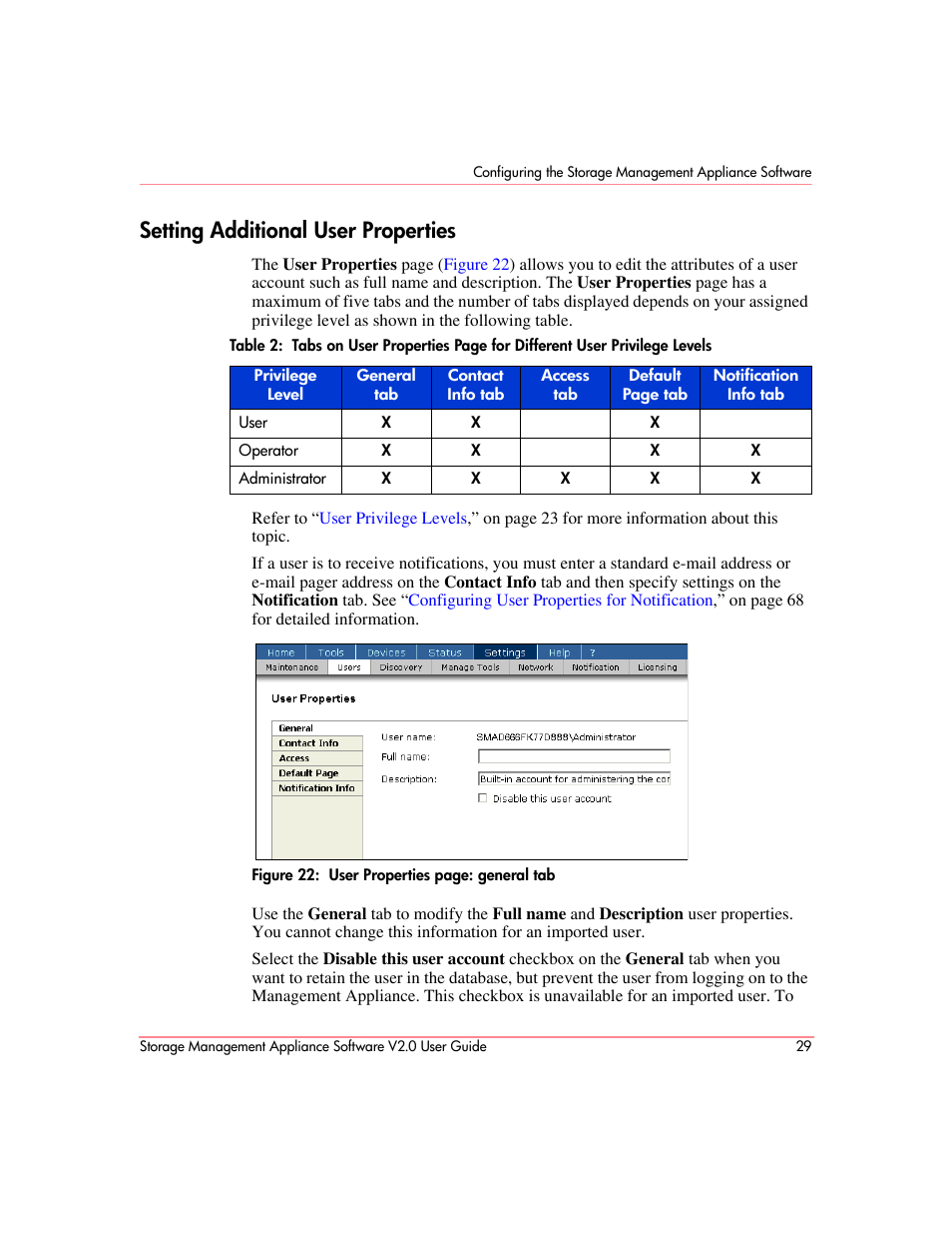 Setting additional user properties | HP OpenView Storage Management Appliance and Software User Manual | Page 45 / 146