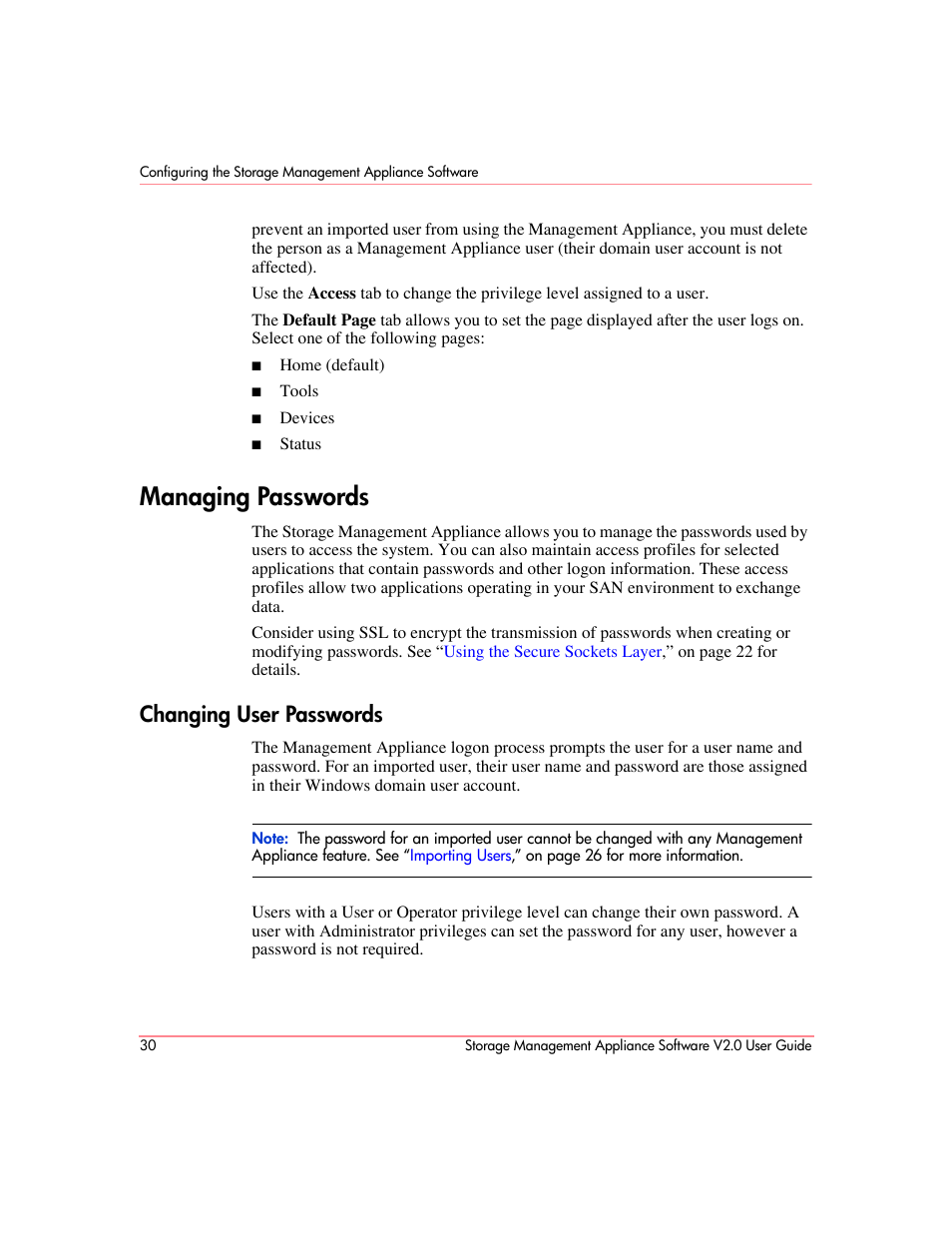 Managing passwords, Changing user passwords | HP OpenView Storage Management Appliance and Software User Manual | Page 46 / 146