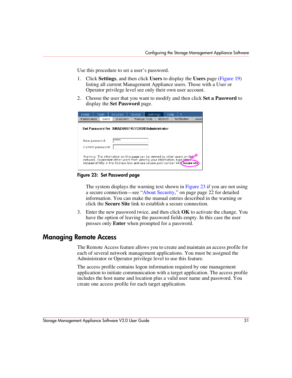 Managing remote access, Figure 23 | HP OpenView Storage Management Appliance and Software User Manual | Page 47 / 146