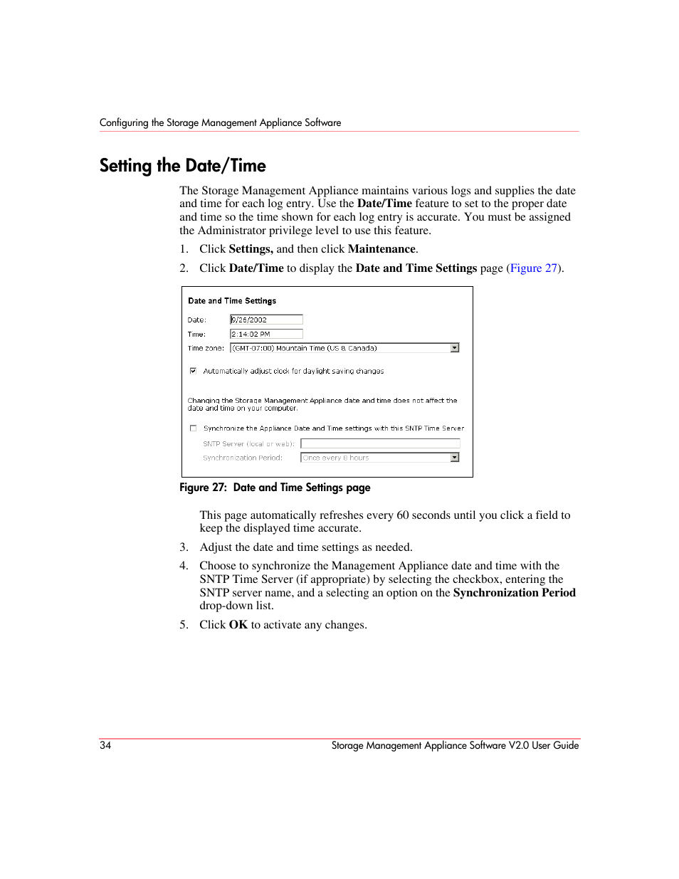 Setting the date/time | HP OpenView Storage Management Appliance and Software User Manual | Page 50 / 146