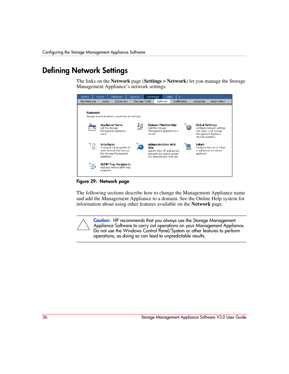 Defining network settings | HP OpenView Storage Management Appliance and Software User Manual | Page 52 / 146