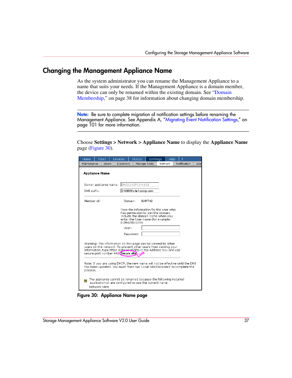Changing the management appliance name | HP OpenView Storage Management Appliance and Software User Manual | Page 53 / 146