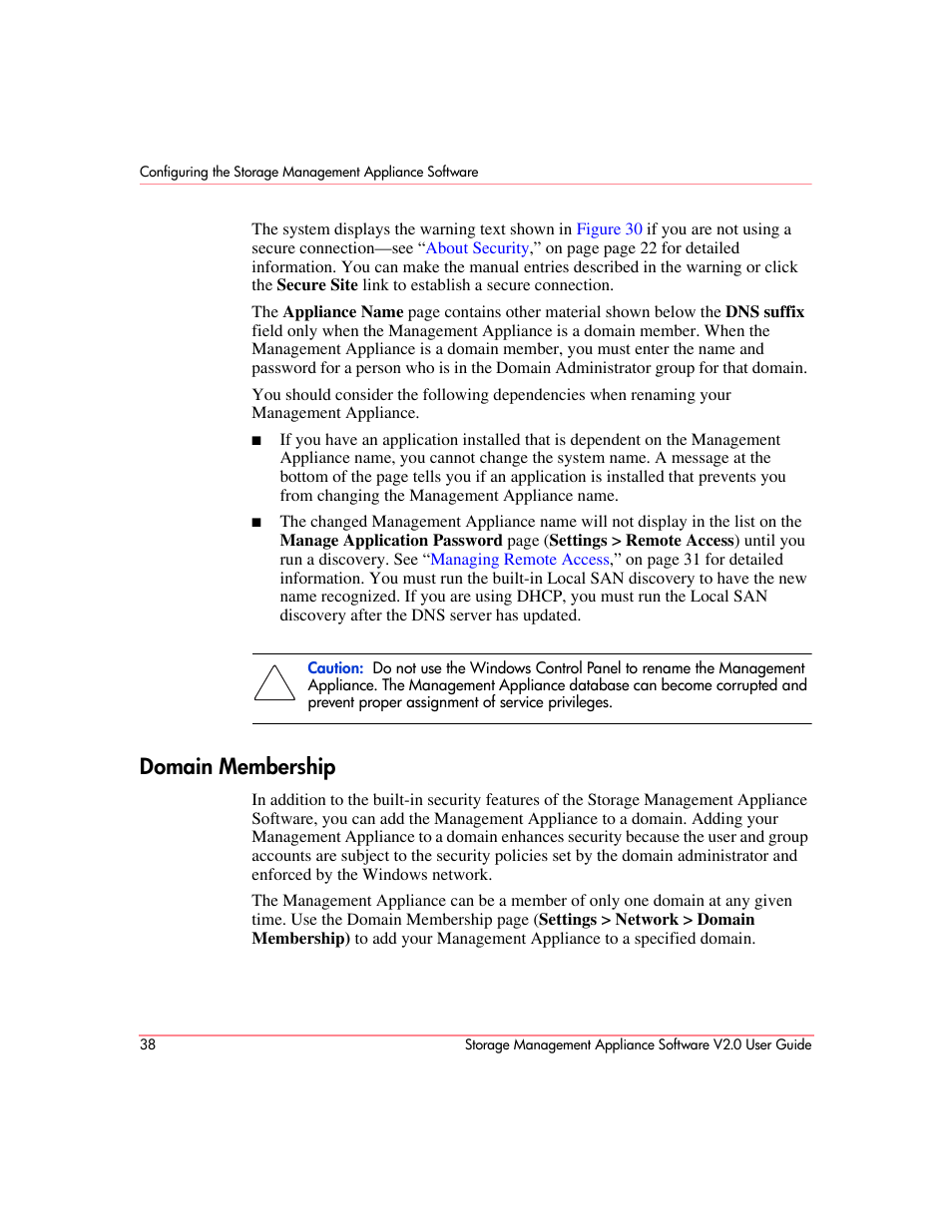 Domain membership, Domain, Membership | HP OpenView Storage Management Appliance and Software User Manual | Page 54 / 146