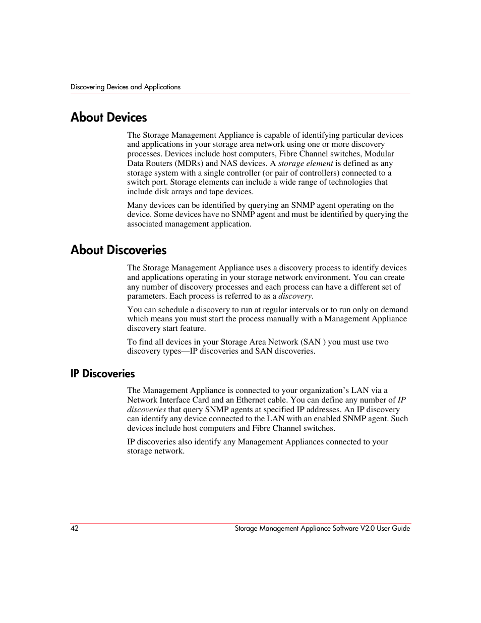 About devices, About discoveries, Ip discoveries | About devices about discoveries | HP OpenView Storage Management Appliance and Software User Manual | Page 58 / 146