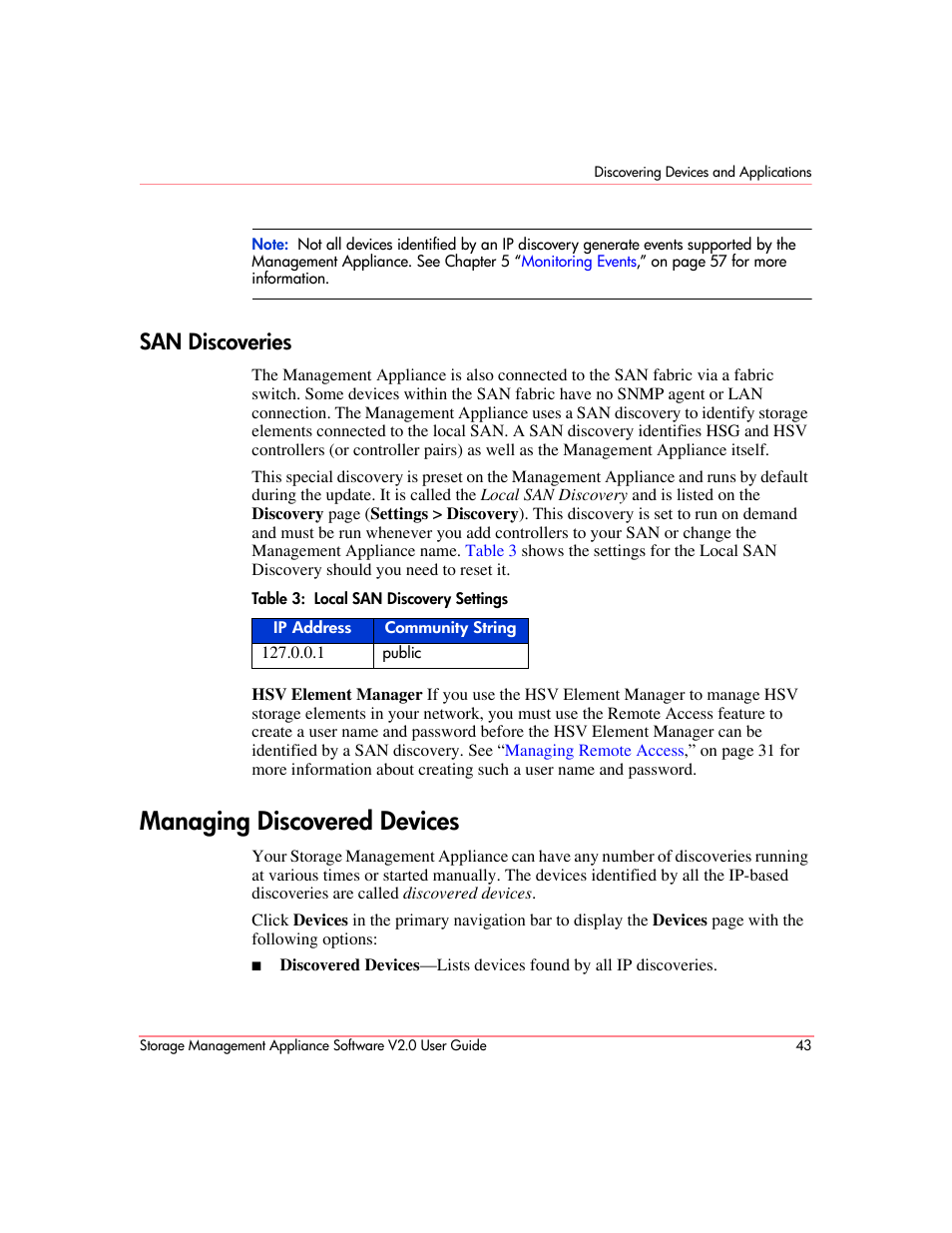 San discoveries, Managing discovered devices, Local san discovery settings | HP OpenView Storage Management Appliance and Software User Manual | Page 59 / 146
