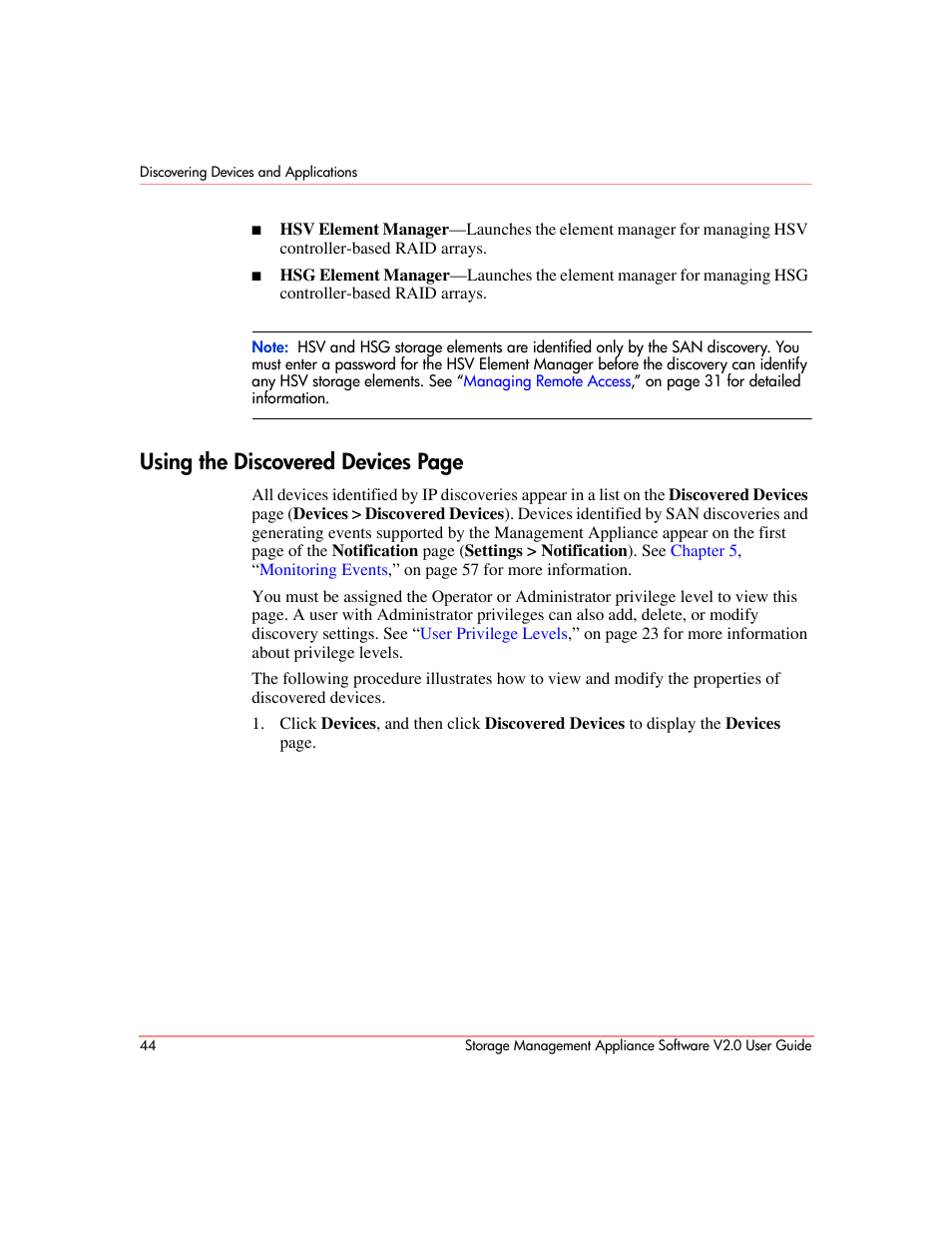 Using the discovered devices page | HP OpenView Storage Management Appliance and Software User Manual | Page 60 / 146