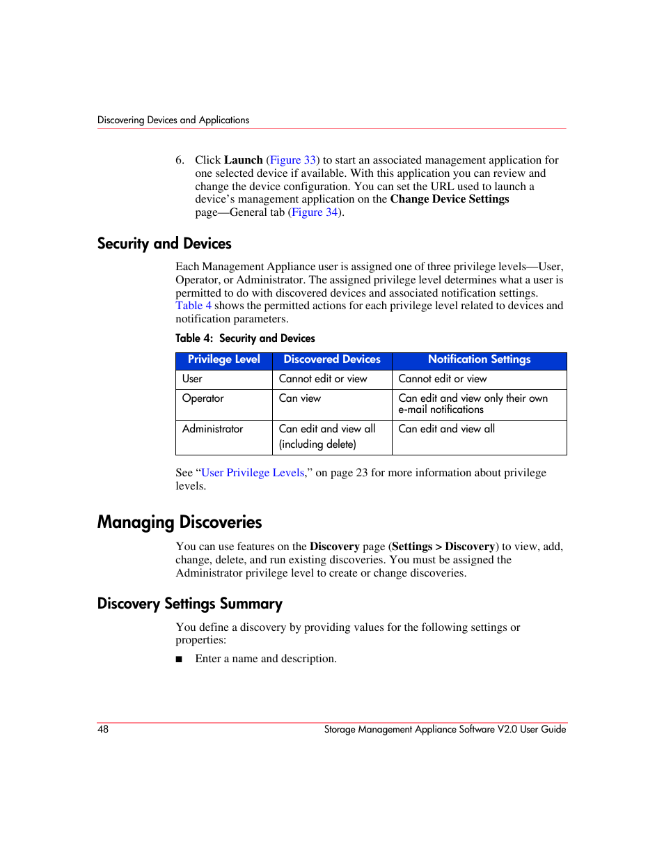 Security and devices, Managing discoveries, Discovery settings summary | HP OpenView Storage Management Appliance and Software User Manual | Page 64 / 146