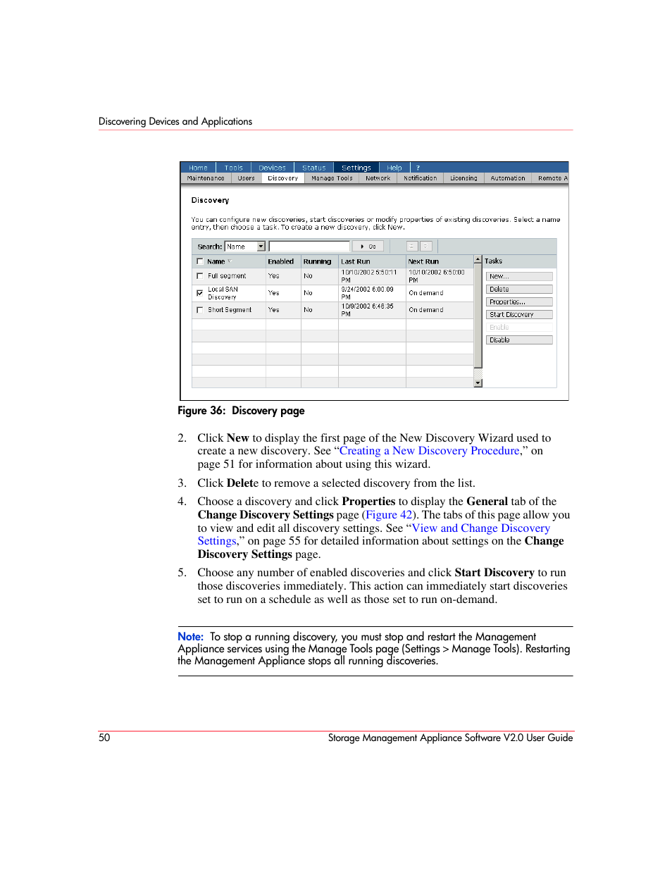 List of existing discoveries, Figure 36 | HP OpenView Storage Management Appliance and Software User Manual | Page 66 / 146