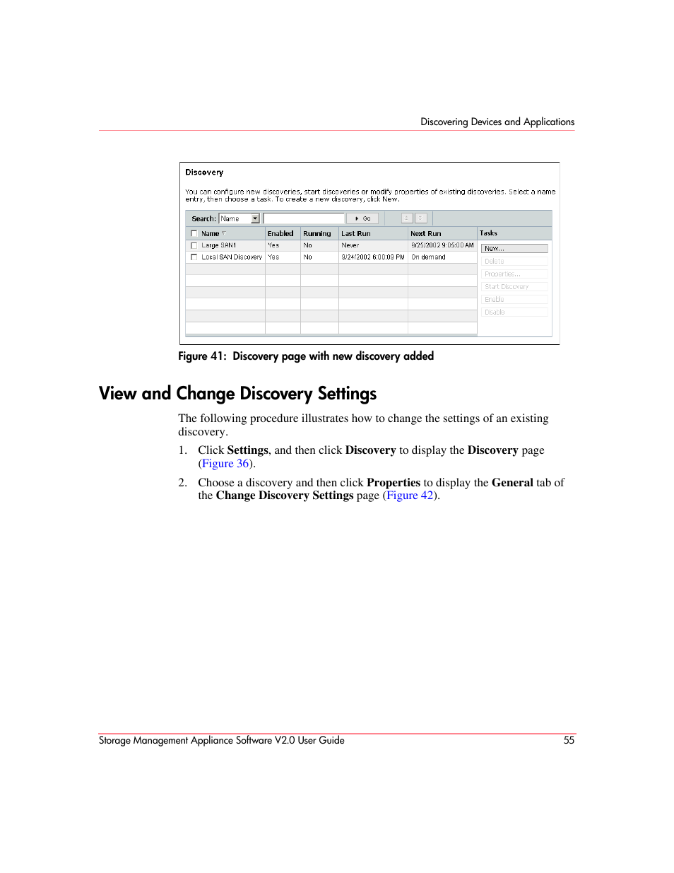 View and change discovery settings, View and change discovery, Settings | HP OpenView Storage Management Appliance and Software User Manual | Page 71 / 146