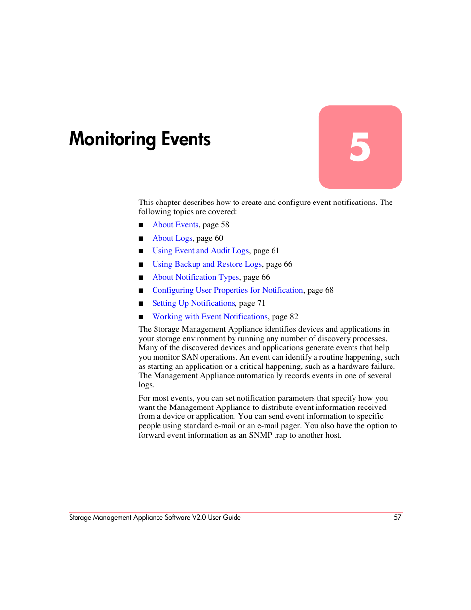 Monitoring events, 5 monitoring events, Chapter 5 | HP OpenView Storage Management Appliance and Software User Manual | Page 73 / 146