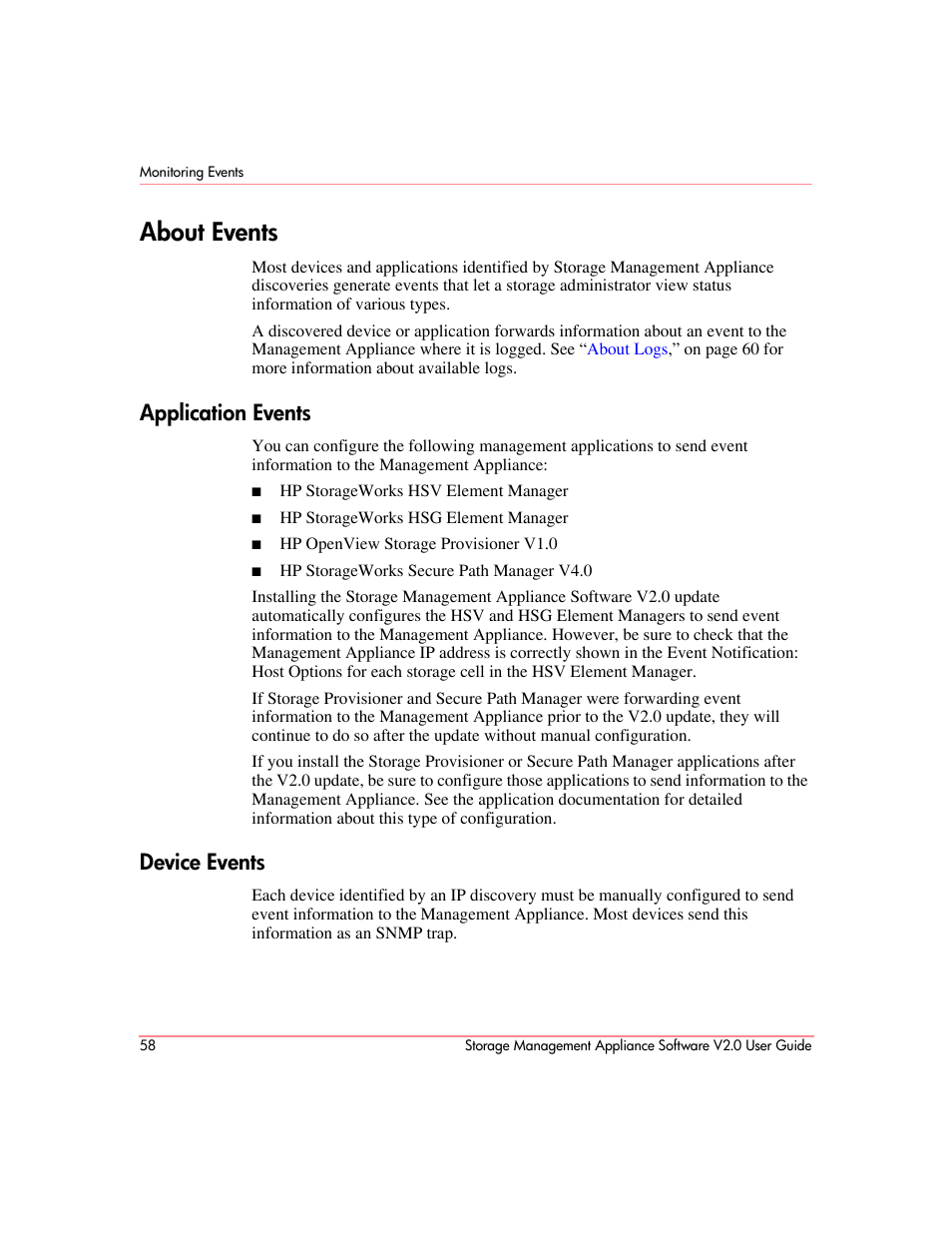 About events, Application events, Device events | Application events device events | HP OpenView Storage Management Appliance and Software User Manual | Page 74 / 146