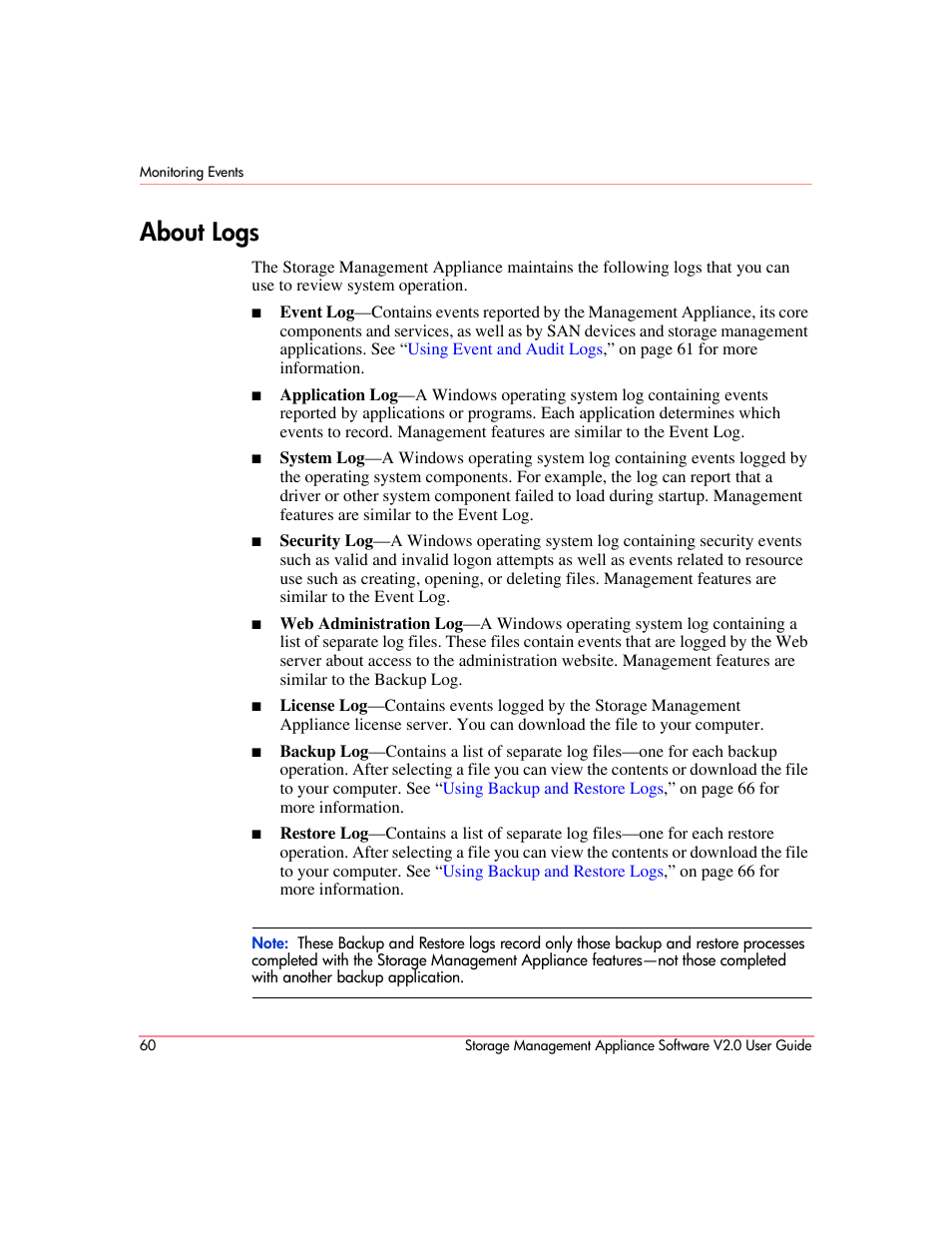 About logs | HP OpenView Storage Management Appliance and Software User Manual | Page 76 / 146