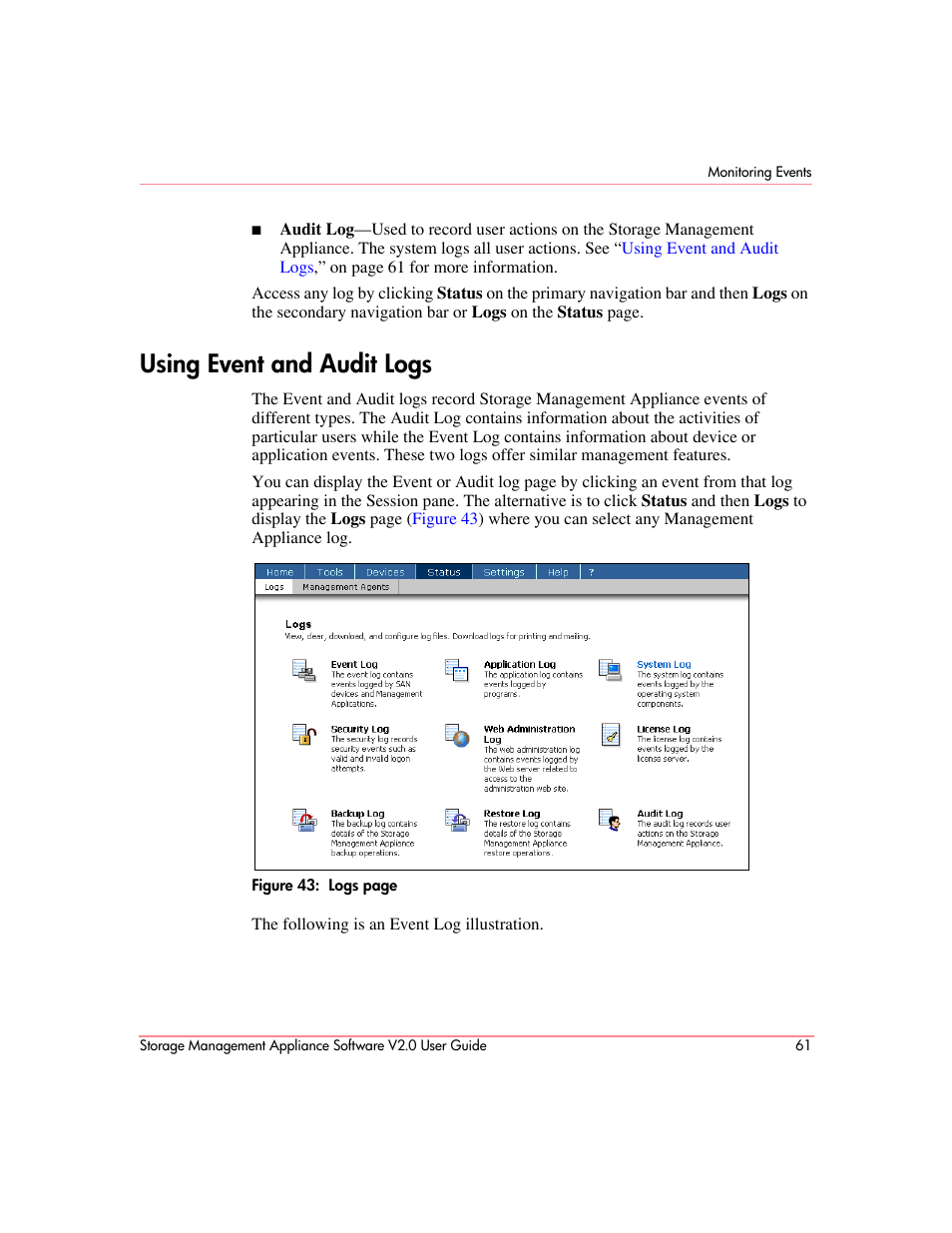 Using event and audit logs | HP OpenView Storage Management Appliance and Software User Manual | Page 77 / 146