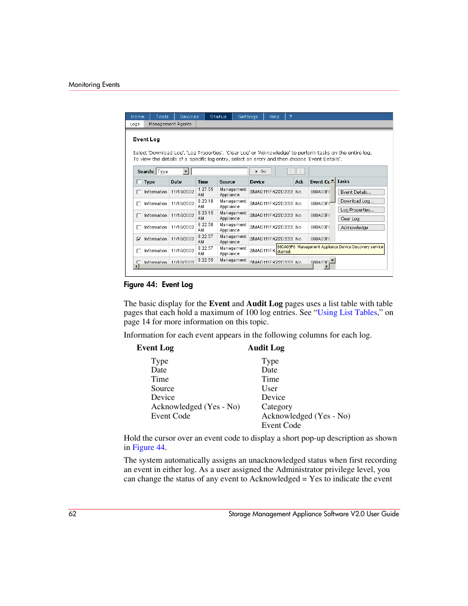 Event log | HP OpenView Storage Management Appliance and Software User Manual | Page 78 / 146