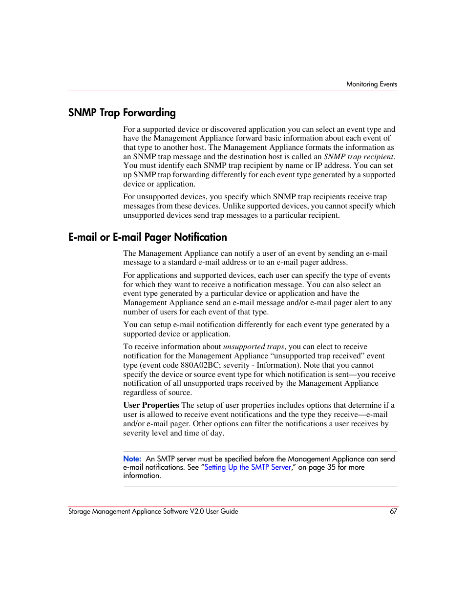 Snmp trap forwarding, E-mail or e-mail pager notification | HP OpenView Storage Management Appliance and Software User Manual | Page 83 / 146