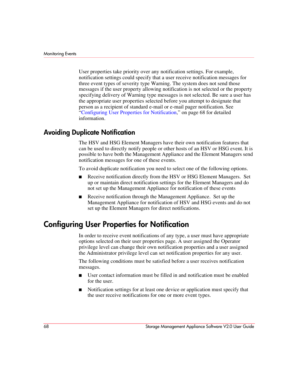 Avoiding duplicate notification, Configuring user properties for notification | HP OpenView Storage Management Appliance and Software User Manual | Page 84 / 146