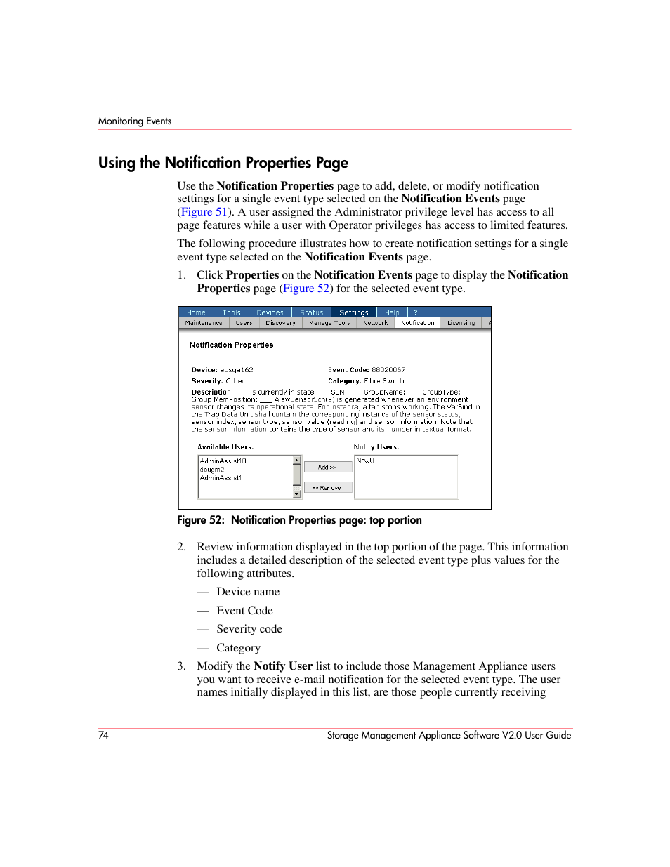 Using the notification properties page | HP OpenView Storage Management Appliance and Software User Manual | Page 90 / 146