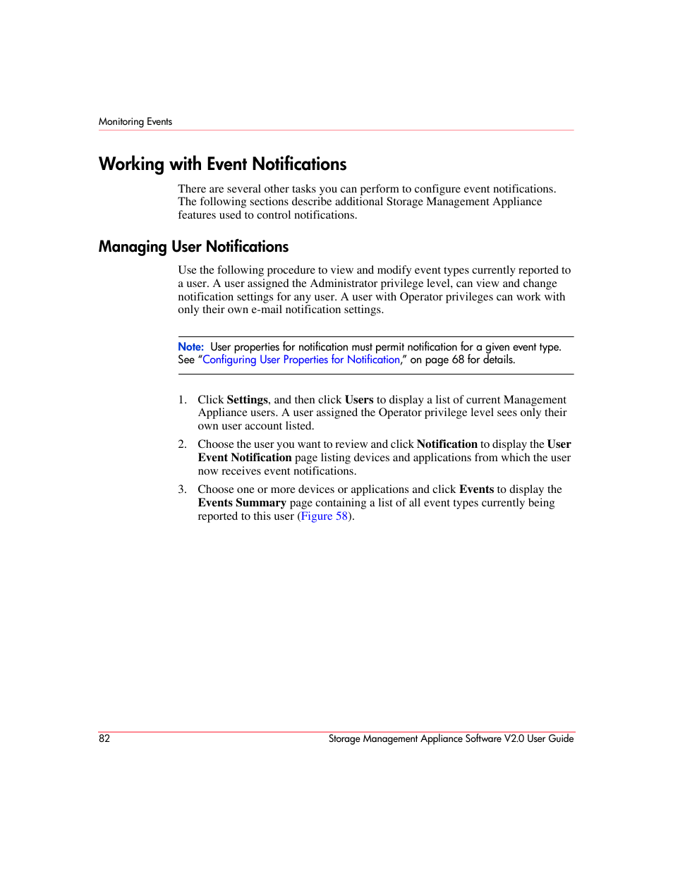 Working with event notifications, Managing user notifications | HP OpenView Storage Management Appliance and Software User Manual | Page 98 / 146