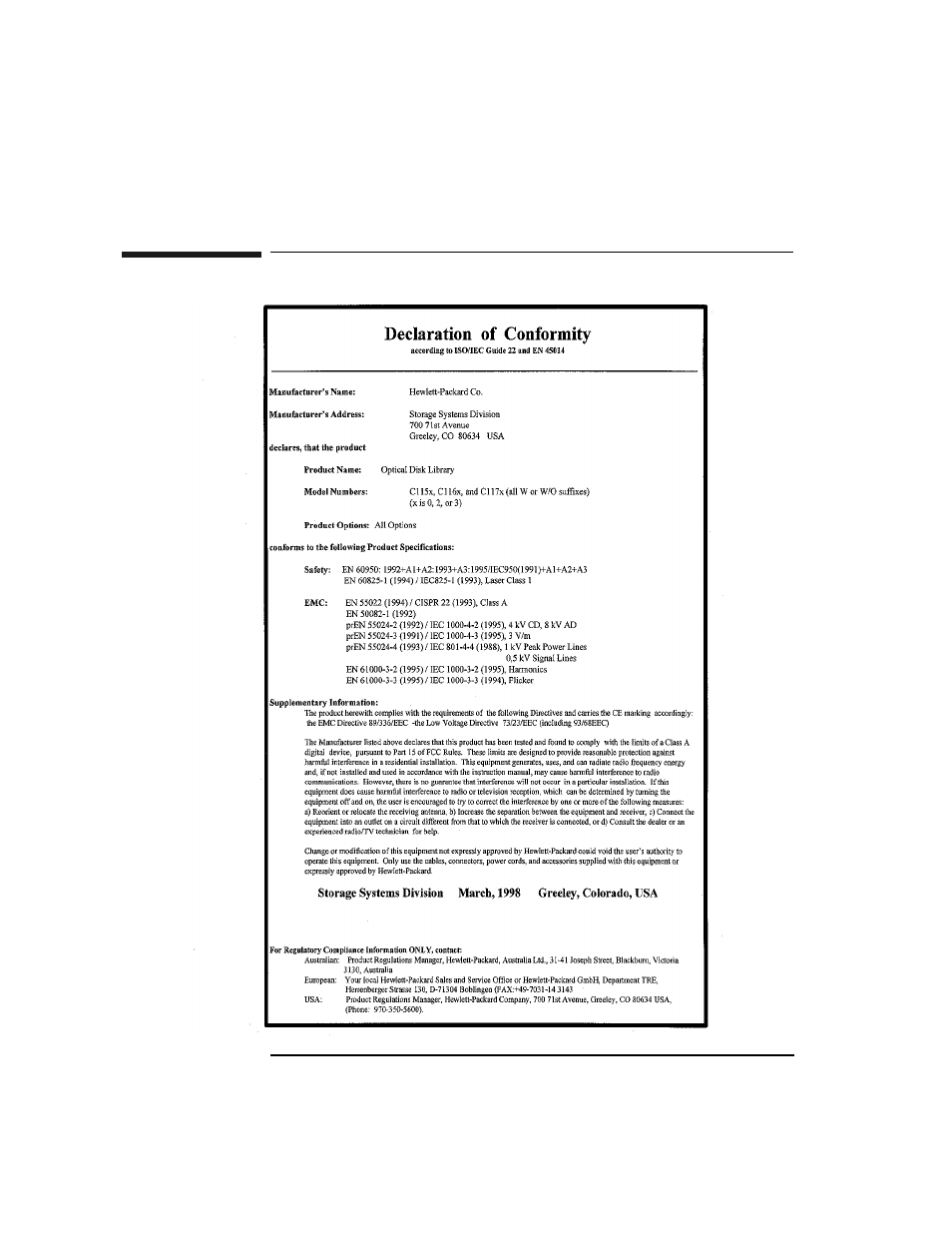 Declaration of conformity | HP Surestore 320ex Optical Jukebox User Manual | Page 112 / 120