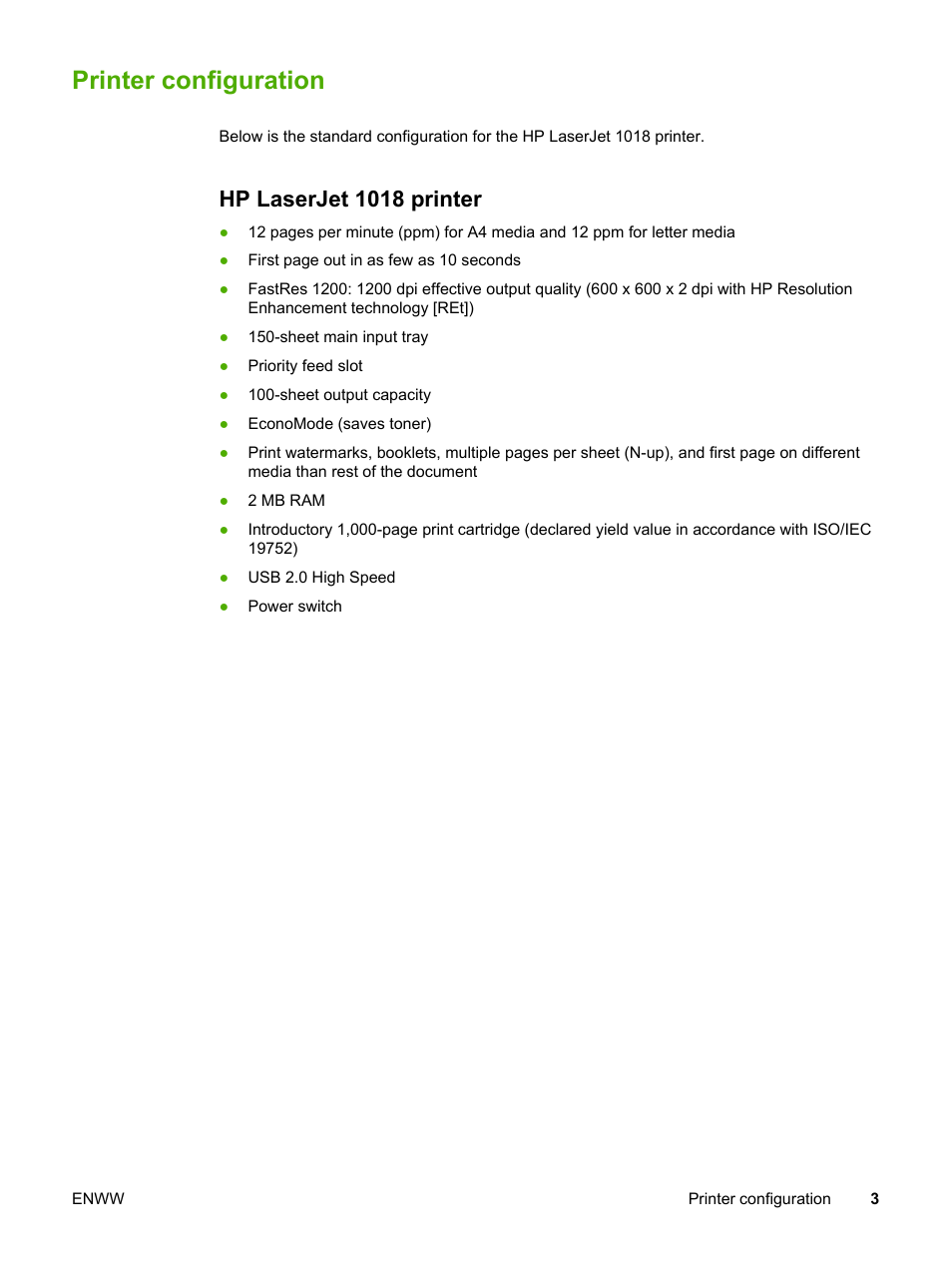 Printer configuration, Hp laserjet 1018 printer | HP LaserJet 1018 Printer User Manual | Page 11 / 116