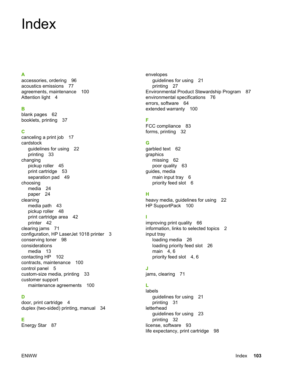 Index | HP LaserJet 1018 Printer User Manual | Page 111 / 116